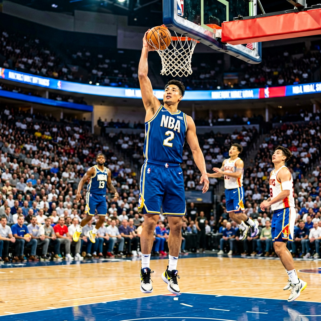 NBA篮球赛场，球员扣篮精彩瞬间
